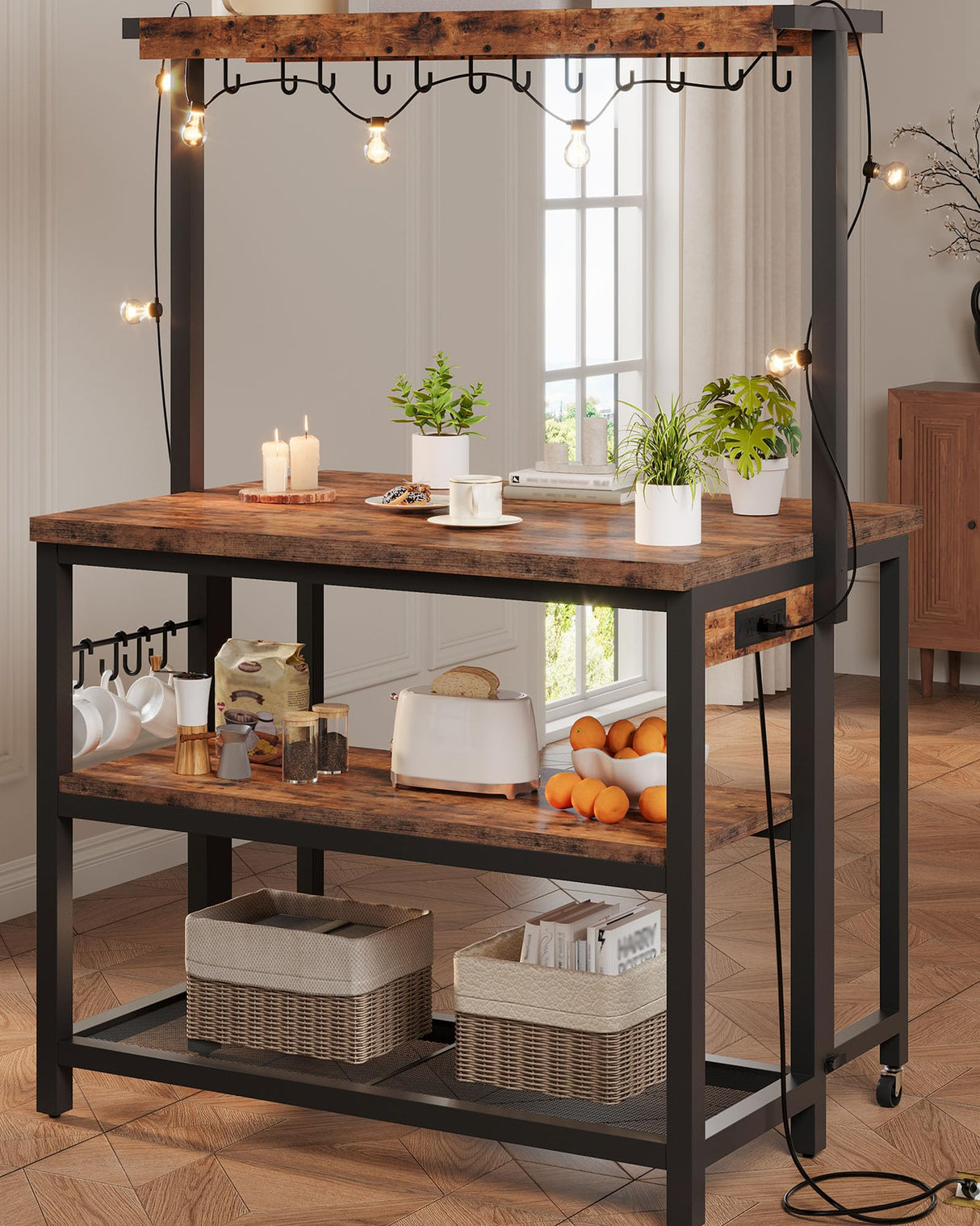 CHOEZON Kitchen Island with Power Outlet, Kitchen Island Table with Folding Top, Stationary Storage Islands, Coffee Bar with Outlets and USB Ports, for Dining Room, Rustic Brown and Black TZD01UBF CHOEZON