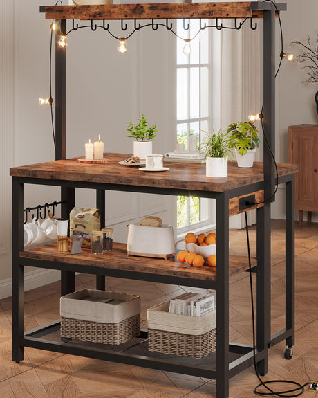 CHOEZON Kitchen Island with Power Outlet, Kitchen Island Table with Folding Top, Stationary Storage Islands, Coffee Bar with Outlets and USB Ports, for Dining Room, Rustic Brown and Black TZD01UBF CHOEZON