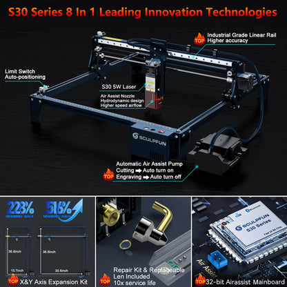 SCULPFUN S30 Laser Engraver with Auto Air Assist Pump & Nozzle, Limit Switchs, 5000mW CNC Laser Cutter, Industrial Grade Accuracy Engraving Machine, 10 Times Longer Laser Service Life - WoodArtSupply