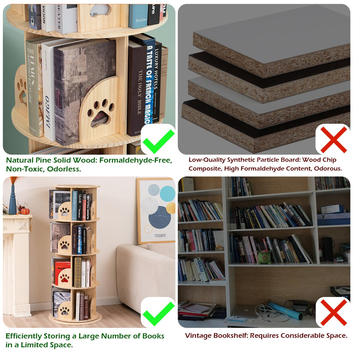 BUYWAY 360° Rotating Solid Wood Bookshelf Tower - Versatile 4-Tier Bookcase for Kids & Adults BUYWAY