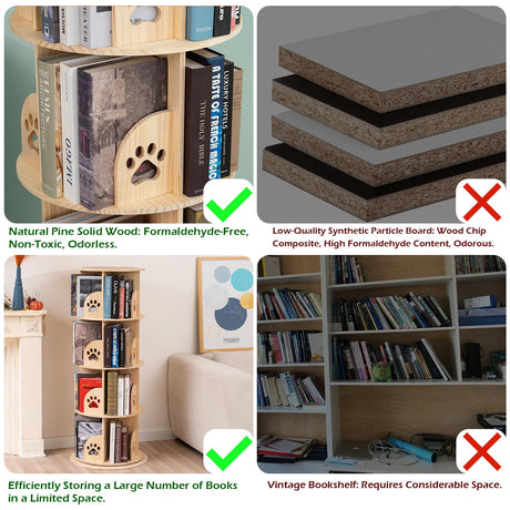 BUYWAY 360° Rotating Solid Wood Bookshelf Tower - Versatile 4-Tier Bookcase for Kids & Adults BUYWAY