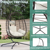 Hanging Egg Chair with Stand, Swinging Egg Chair Outdoor Indoor, Hanging Basket Chair with Cushion, Patio Wicker Hammock Chair 350lbs Capacity for Bedroom, Porch, Balcony, Backyard, Garden (Beige) LEX CRAFT