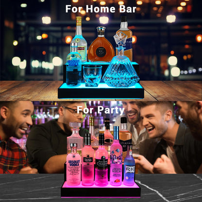 GOH&FTY LED Lighted Liquor Bottle Display Shelf,APP 16 inche 2Step LED Bar Shelves with Wireless Remote& Multicolor LED Light ,Bar Stand for Home Bar Accessories - WoodArtSupply