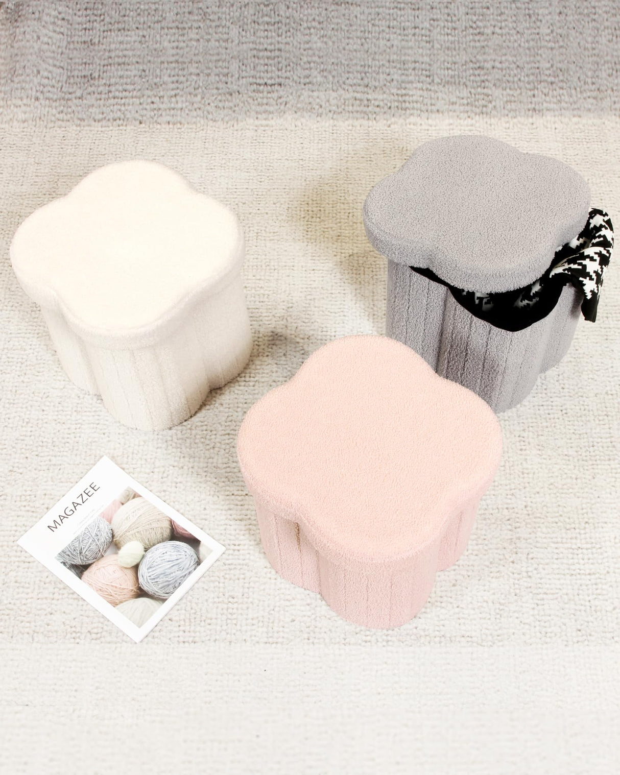 B FSOBEIIALEO Storage Ottoman Cube, Flowers Shaped Ottomans with Storage Foot Stool Footrest for Lving Room, Boucle Ottoman Seat for Dorm Room,Faux Teddy Fur, Cream White 12.6"x12.6"x12.6" B FSOBEIIALEO