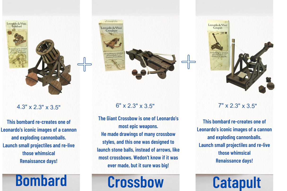 PATHFINDERS Leonardo Da Vinci weapons mini model kits catapult crossbow bombard set of 3 Engineering kits Educational Toys for Kids Science kit for Kids Age 8-10 10-12 stem Projects Wood Building Kits Pathfinders