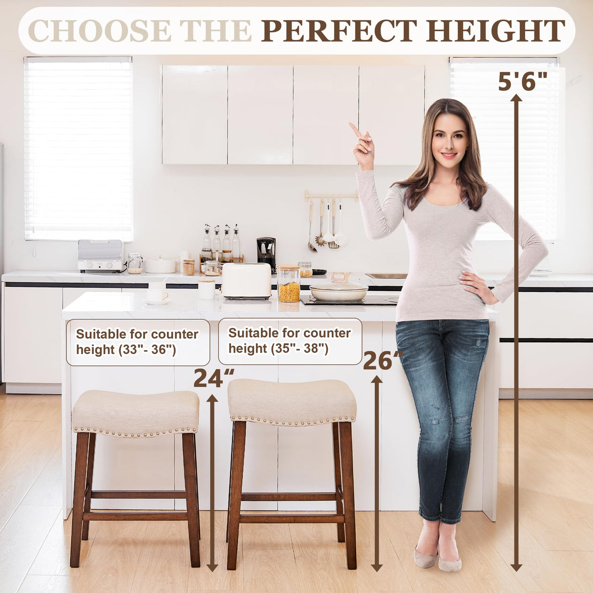 PrimeZone Counter Height Bar Stools Set of 2 - Backless Saddle Barstools with 4.3" Thick Upholstered, Nailhead Trim Linen Fabric & Solid Wood Legs, 26 Inch Counter Stools for Kitchen Island, Beige PrimeZone