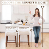 PrimeZone Counter Height Bar Stools Set of 2 - Backless Saddle Barstools with 4.3" Thick Upholstered, Nailhead Trim Linen Fabric & Solid Wood Legs, 26 Inch Counter Stools for Kitchen Island, Beige PrimeZone