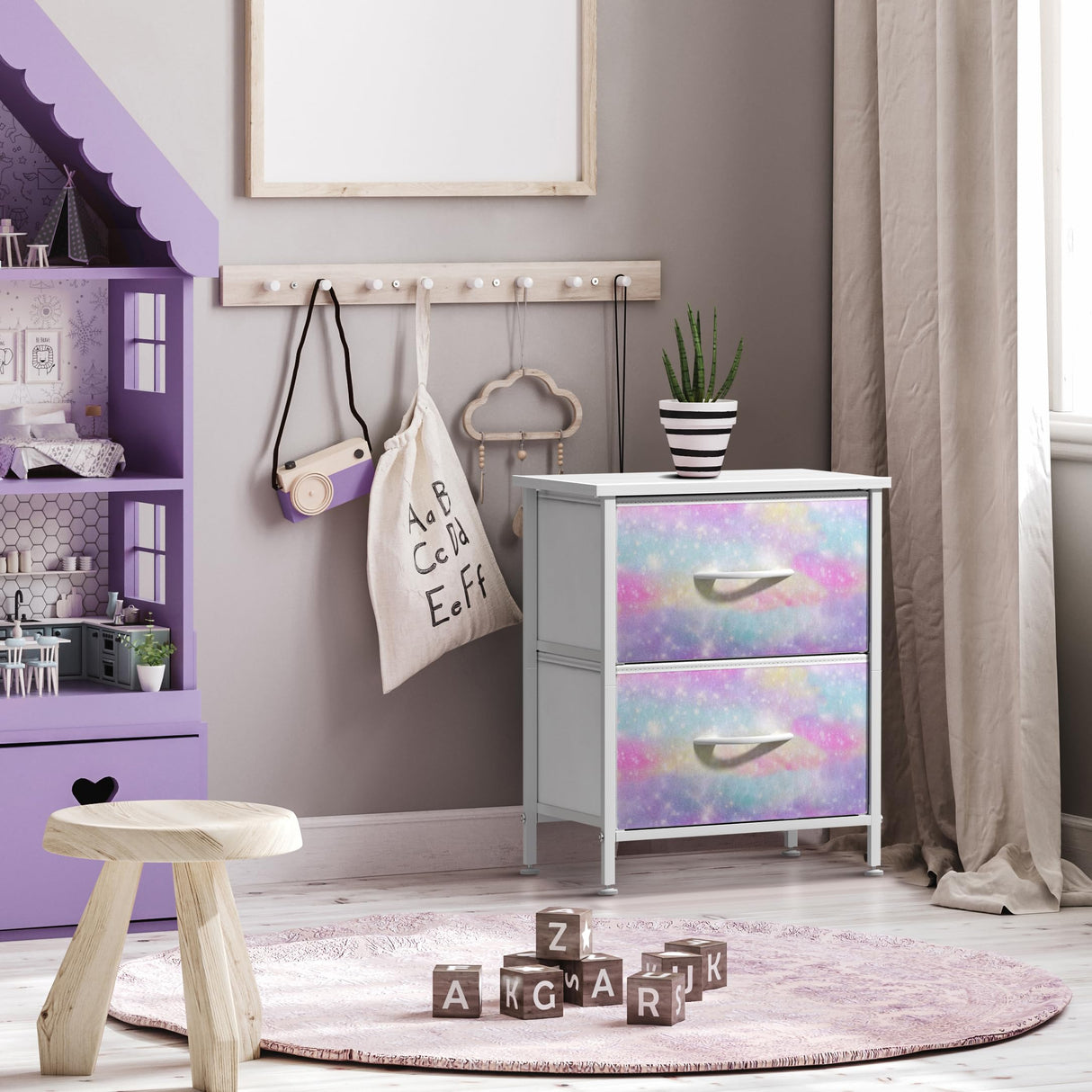 Sorbus Kids Dresser with 2 Drawers - Storage Chest Organizer Nightstand - Steel Frame, Wood Top, Tie-Dye Fabric Bins for Clothes - Wide Furniture for Bedroom, Hallway, Nursery, Closet, & Apartment Sorbus