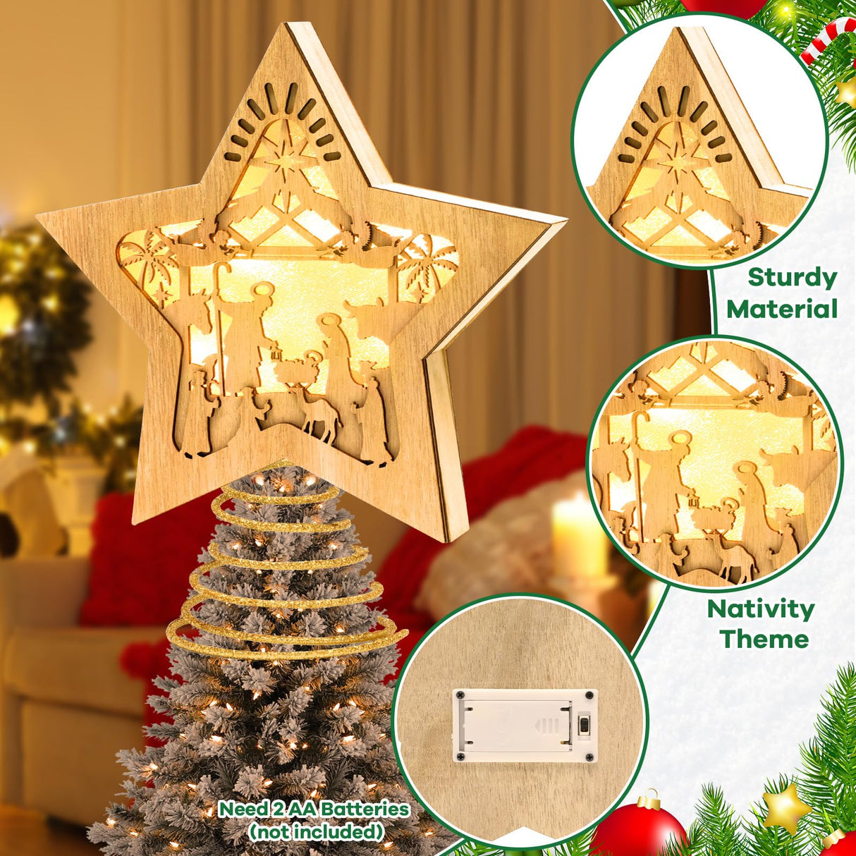 Nativity Christmas Tree Topper Lighted Star Tree Topper Treetop for Christmas LED 3D Nativity Theme Christmas Tree Decorations Wooden Treetop Xmas Tree Decor Ornaments Nativity Tabletop 10 X 8.5 in Justforjoyful