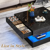 jiteentarou 33.9" LED Coffee Table with Storage, Modern High Glossy Living Room Table w/2 Drawers,Double-Layer Design Large Square Center Table for Living Room, Home, Office, Black Marble jiteentarou