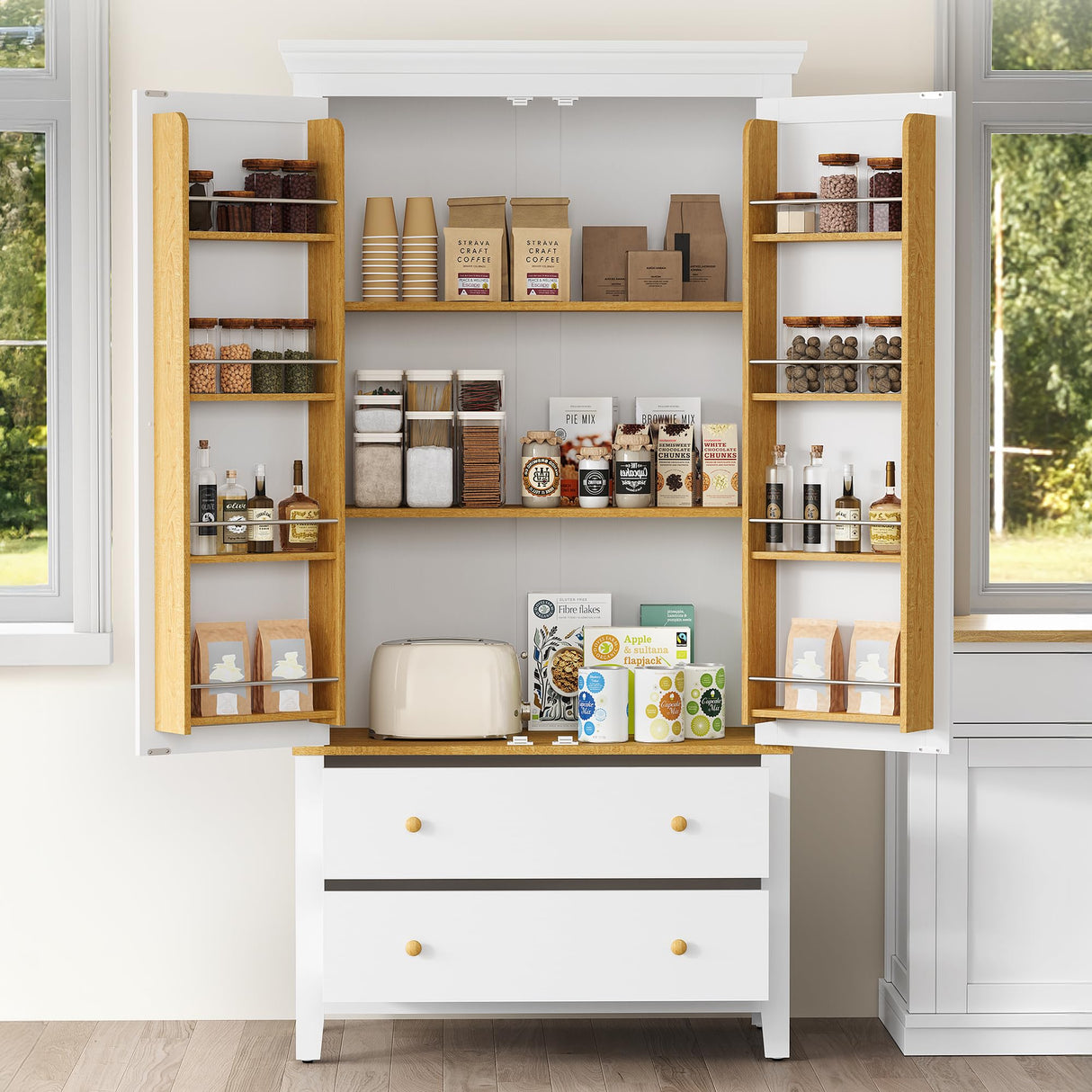 RoyalCraft 70'' Tall Kitchen Pantry Cabinet, Large Storage Cabinet with 8 Door Shelves, White Kitchen Cabinet with 2 Drawers & Adjustable Shelves for Dining Room, Living Room, Laundry RoyalCraft