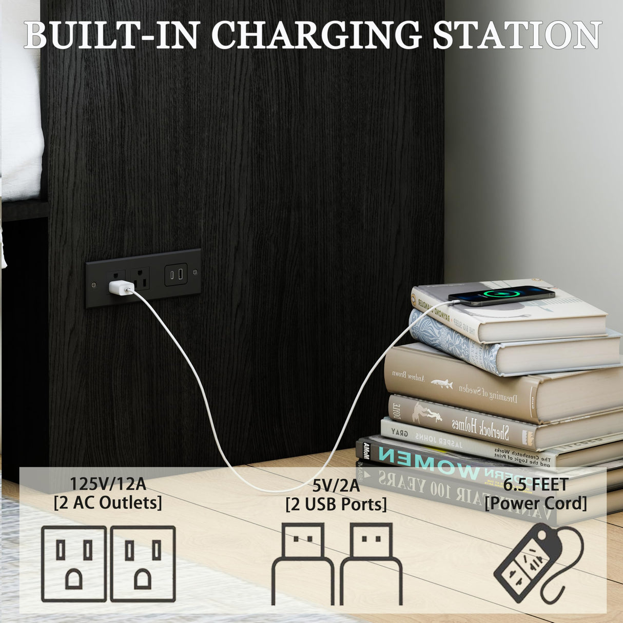 DalyLuxa Queen Size Multi-Functional Murphy Cabinet Bed with Charging Station, Farmhouse Queen Size Bed Frame with Drawer, Hidden Folding Murphy Bed Chest for Bedroom, Black DalyLuxa