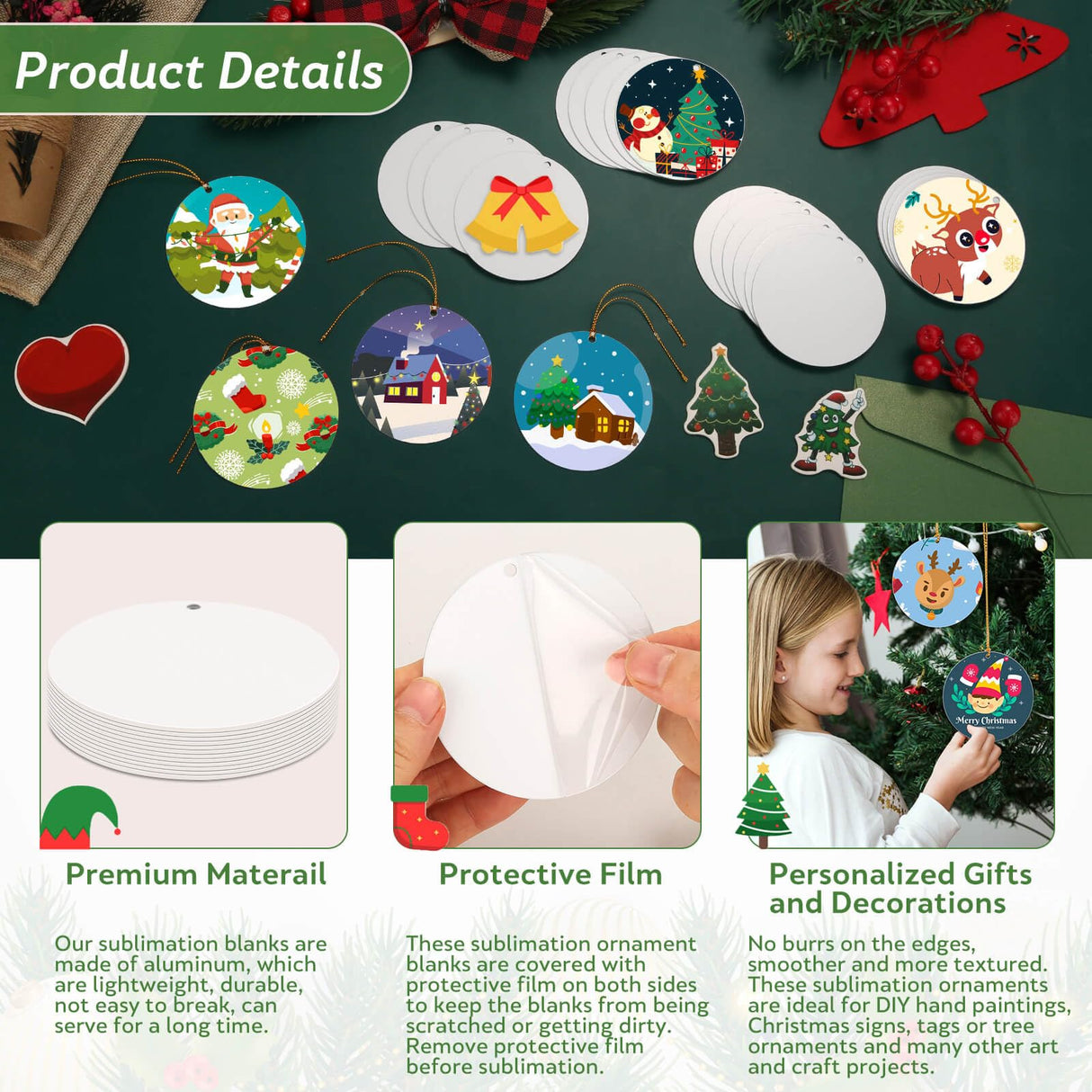 Caffox 3" Metal Sublimation Ornament Blanks Bulk, 24 Pieces Round Sublimation Blanks for Christmas Decorations and DIY Crafts Caffox