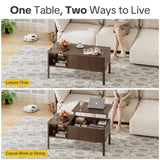 Fluted Lift Top Coffee Table for Living Room, Small Coffee Table with Storage Hydraulic Lift Large Capacity, Sturdy Legs Safe Round Corner, Easy Assembly for Small Spaces, Vertical Grain-Brown RUMBALUXY