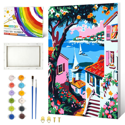 ZTOTZ Paint by Numbers Framed Canvas Seaside Beach, Paint by Numbers Kit for Adults Landscape,Framed Paint by Numbers for Adults Ocean Scenery, 8x12inch