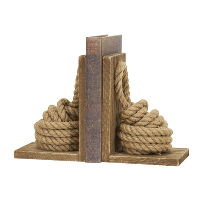 Deco 79 Wood Knot Decorative Bookends Rope Non Skid Bookends with Distressed L-Shaped Stands, Set of 2 Office Bookends5 W, 7" H, Brown