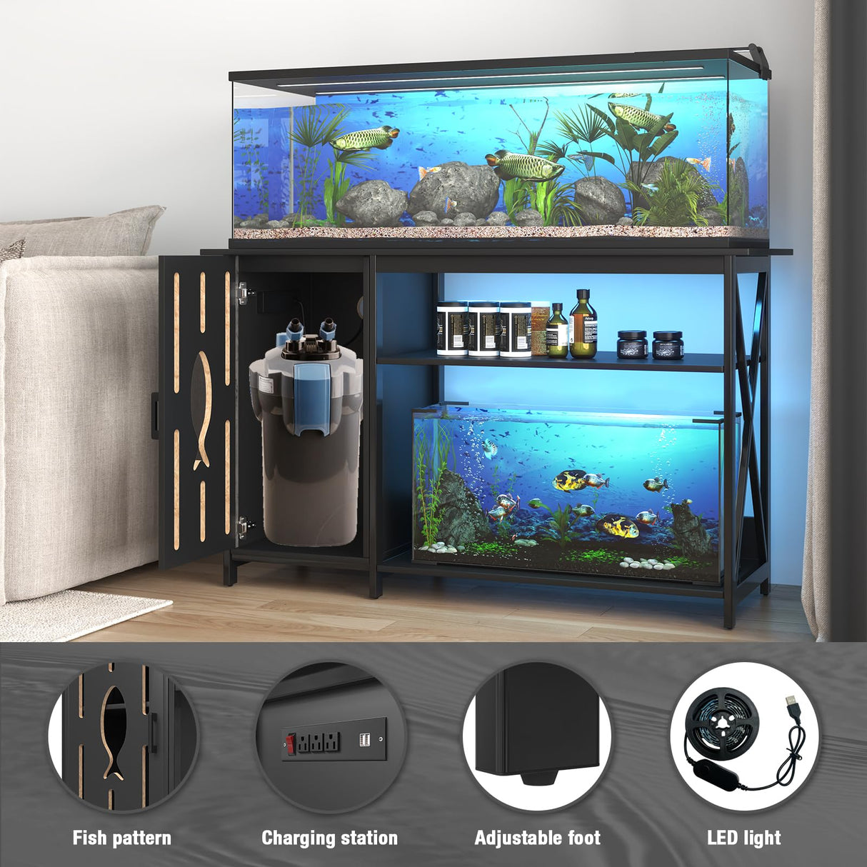 55-75 Gallon Aquarium Stand,Fish Tank Stand with Power Outlets,Cabinet&LED Light,Heavy Duty Aquarium Stand for 2 Fish Tank/Turtle Tank/Reptile Terrarium,1100LBS Capacity,Black PAPIHO