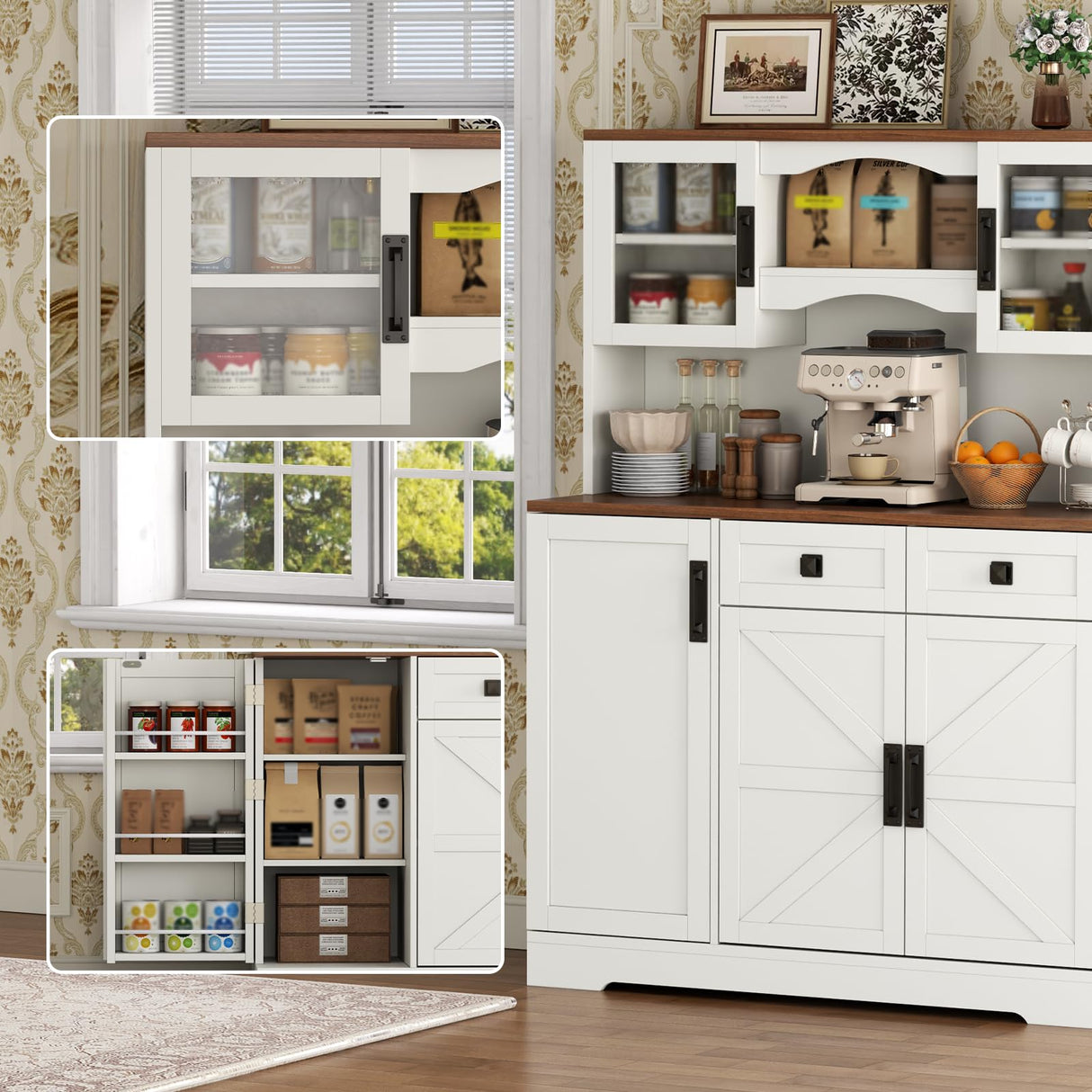 60" Tall Farmhouse Kitchen Pantry Storage Cabinet,Kitchen Hutch with Microwave Stand,Freestanding Buffet Pantry Cabinet with Glass Door and Adjustable Shelves for Dining Room (White) Gyfimoie
