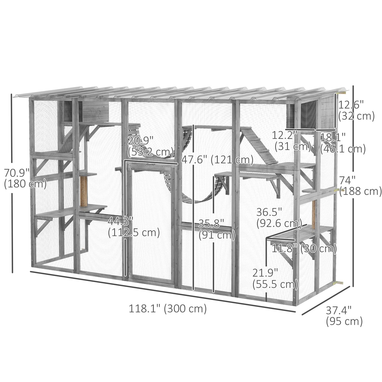 PawHut Catio Playground Cat Window Box Outside Enclosure, Outdoor Cat House with Weather Protection Roof for Multiple Kitties, Wooden Frame, Shelves & Bridges, 118" x 37.5" x 74", Gray - WoodArtSupply