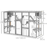 PawHut Catio Playground Cat Window Box Outside Enclosure, Outdoor Cat House with Weather Protection Roof for Multiple Kitties, Wooden Frame, Shelves & Bridges, 118" x 37.5" x 74", Gray PawHut