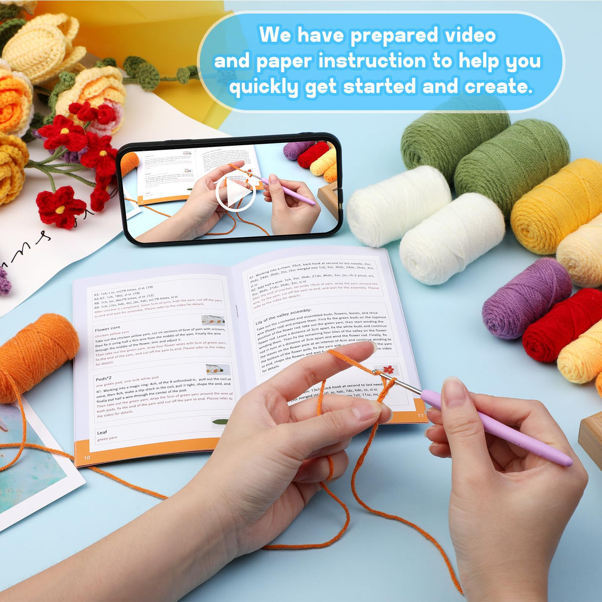 Iuuidu Crochet Kit for Beginners, Flower Bouquet Crochet Kit Rose, Knitting Starter Kit with Crochet Yarn and Step-by-Step Instructions for Birthday, Wedding Anniversary Day Present Iuuidu
