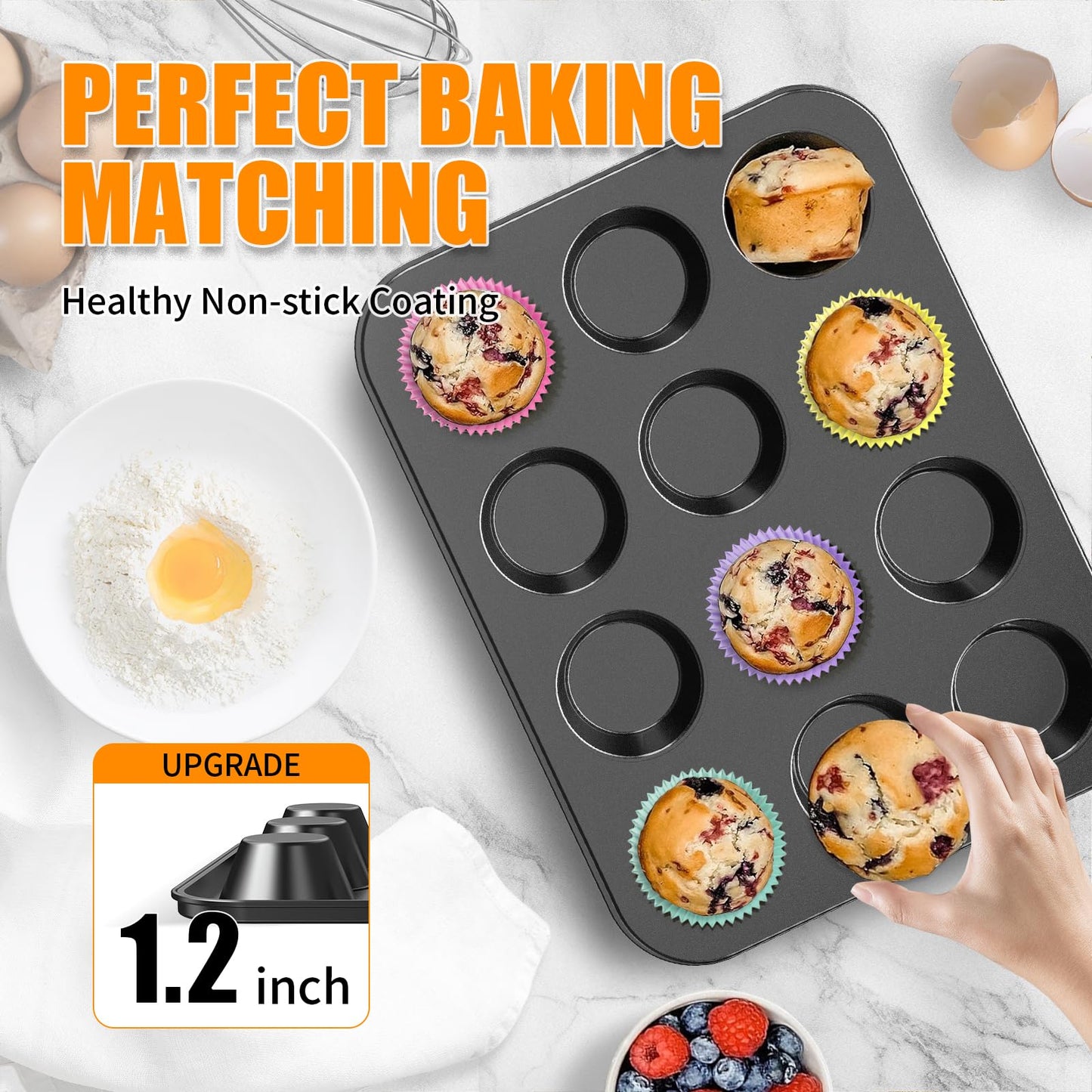 WIBIMEN Muffin Pan with 12 Silicone Cupcake Baking Cups - Non-stick Regular Size Cupcake Pan - Reusable Muffin Tin Baking Pans Set for Making Muffin Cakes, Tart, Bread(1PCS: 12-Cup Regular)