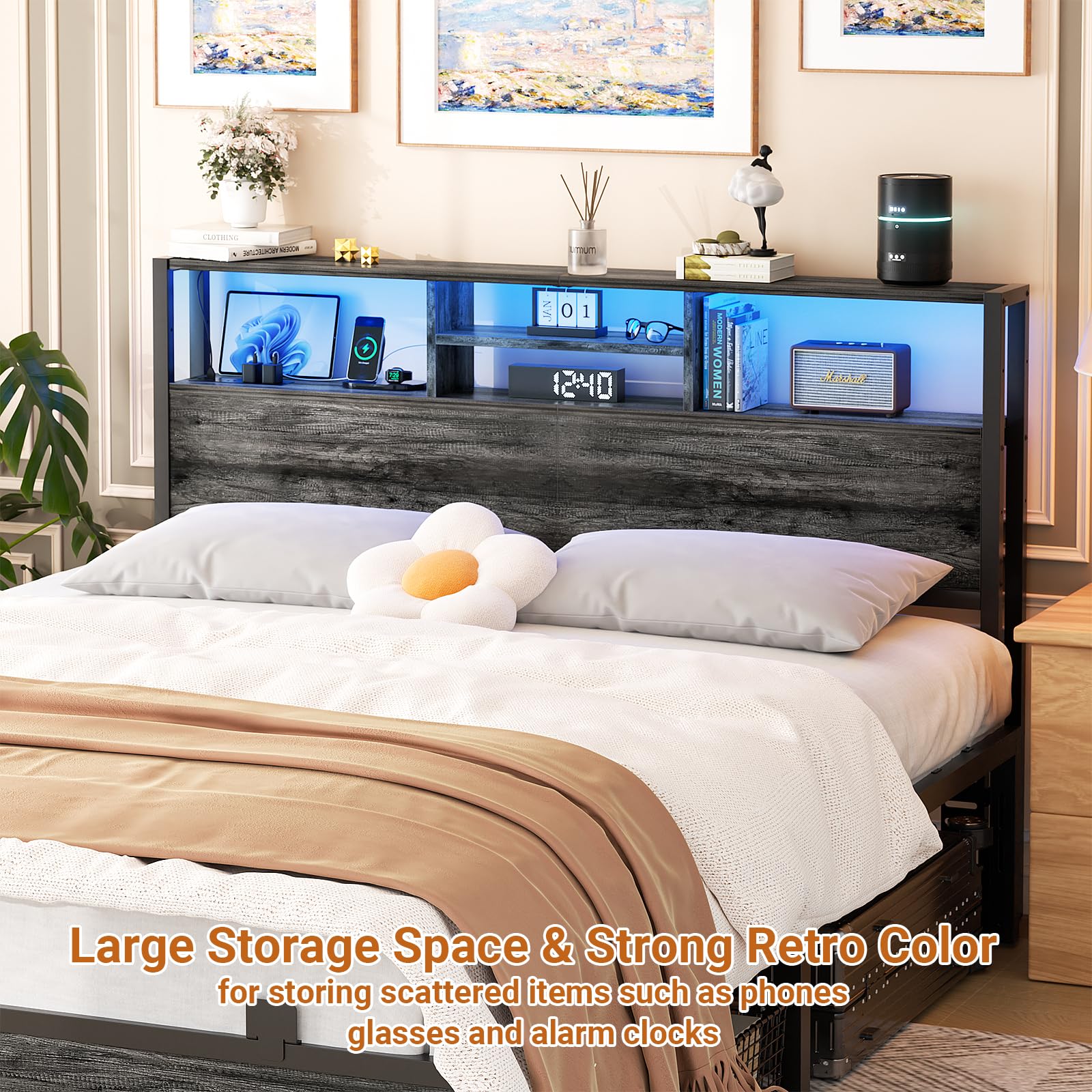 Aheaplus Queen Size Headboard with Storage, LED Lights & Charging Station - Black Oak - WoodArtSupply