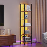 JARHETUN 6-Tier Bookshelf, Tall Narrow Bookcase with LED Lights, Book Shelf with Steel Frame, Display Storage Shelf for Living Room, Bedroom, Home Office, Study, Balcony, Rustic Brown JARHETUN