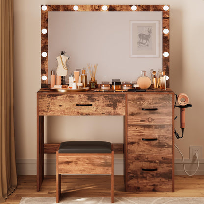 YITAHOME Vanity Desk Set with Large Lighted Mirror & Power Outlet, 3 Color Lighting Modes, Makeup Vanity Table with 4 Drawers, Storage Bench, Bedroom, Rustic Brown