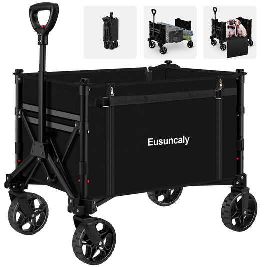 Eusuncaly Collapsible Wagon Cart with Wheels Foldable Wagon Folding Outdoor Utility Wagon Grocery Wagon for Camping Shopping Sports Gardeing Fishing (Black)