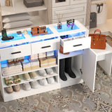 Wardrobe Armoire Closet with Charging & LED Light,Walk-in Closet Island Dresser with Glass Showcase,3 Drawers & Doors, Modern Storage Display Cabinet with Bench for Bedroom,Fitting Room & Shops（White） Gyfimoie