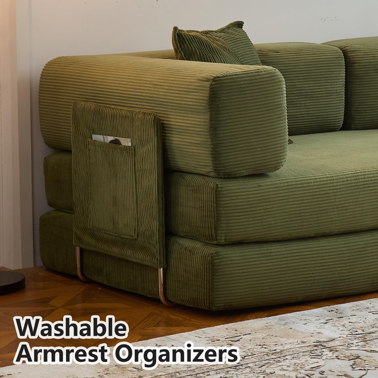 LIAROO 78.8" Convertible Sofa Bed - Compression Sofa with Corduroy Fabric - with Armrests and Backrest - Modular Sectional for Living Room, Bedroom, Studio - Compression Sofa in Box (Green) LIAROO