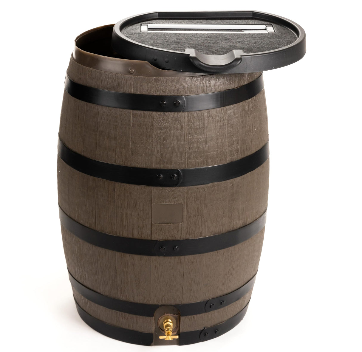 RTS Home Accents Premium 55-Gallon Rain Barrel with Removable Lid, Flat Back Rain Water Collection Barrel, Woodgrain with Black Stripes RTS Home Acents