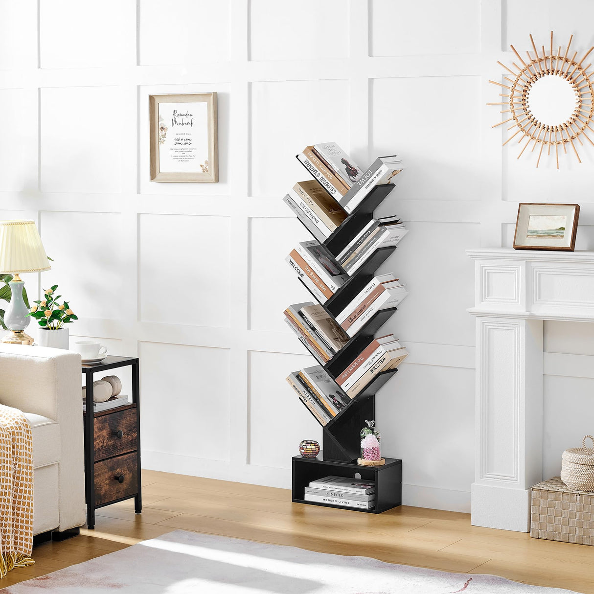 Hoctieon 9 Tier Tree Bookshelf, Tall Bookcase with Drawer, Wood Book Shelf, Modern Floor Standing Bookshelves, Book Organizer Shelves for Bedroom, Living Room, Home Office, Black Hoctieon