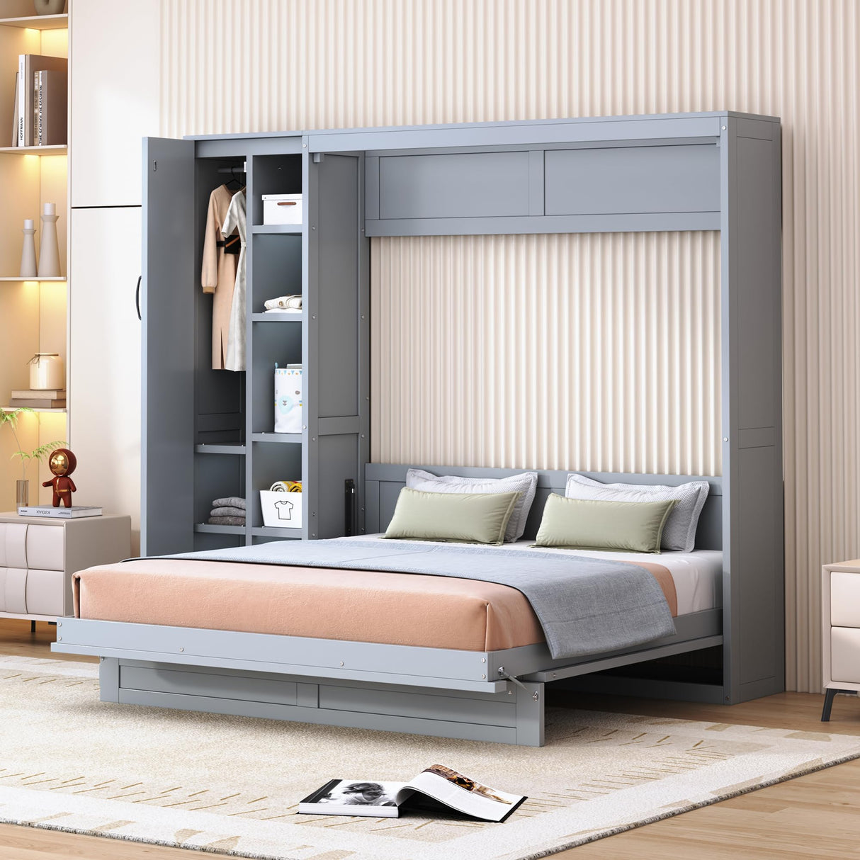 P PURLOVE Murphy Bed Queen, Wood Wall Bed with Shelves, Wardrobe and LED Lights, No Box Spring Needed (Gray) P PURLOVE