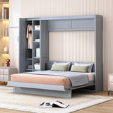 P PURLOVE Murphy Bed Queen, Wood Wall Bed with Shelves, Wardrobe and LED Lights, No Box Spring Needed (Gray) P PURLOVE