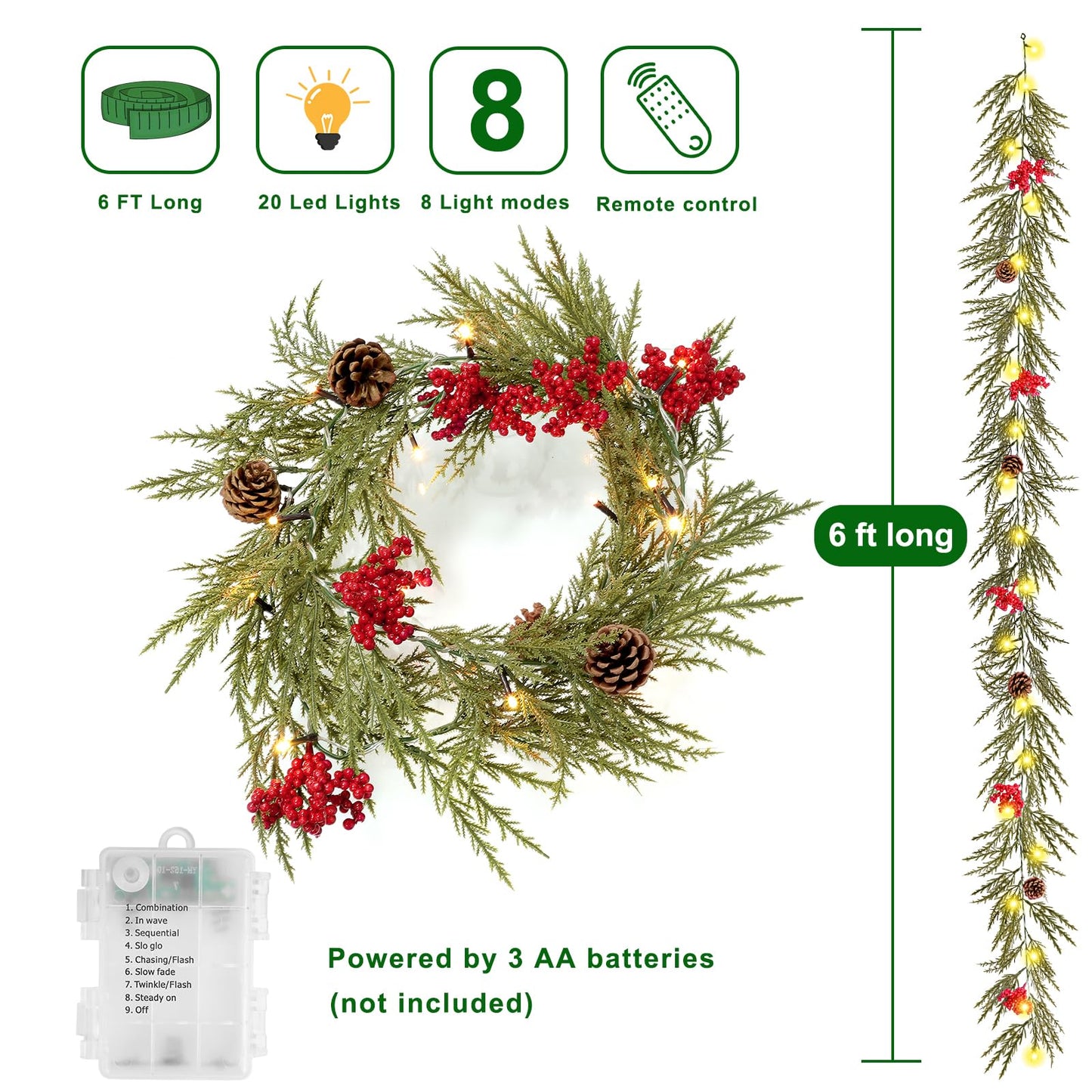 KaKaPops Christmas Garland with Lights, 6 FT Battery Operated Artificial Greenery Garland with Timer, 20 LEDs, Pine Cones and Red Berries for Mantle, Front Door, Stairs Railing Decoration (1 Pack)