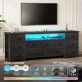 Huuger 63 Inch TV Stand for 65, 70 Inch TV, 11 Drawer Long Dresser with Power Outlets and LED Lights, Entertainment Center with Storage, Black Dresser with PU Leather Surface Huuger