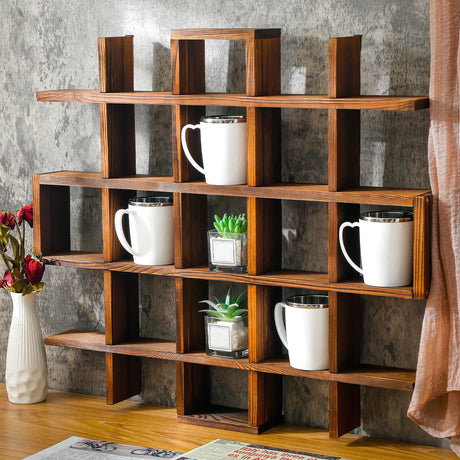 Suzile Rustic Brown Oversize Coffee Mug Display Rack Wooden Display Shelves Rustic Wooden Floating Curio Shelf Travel Mug Shelf Wall Mounted Coffee Suzile
