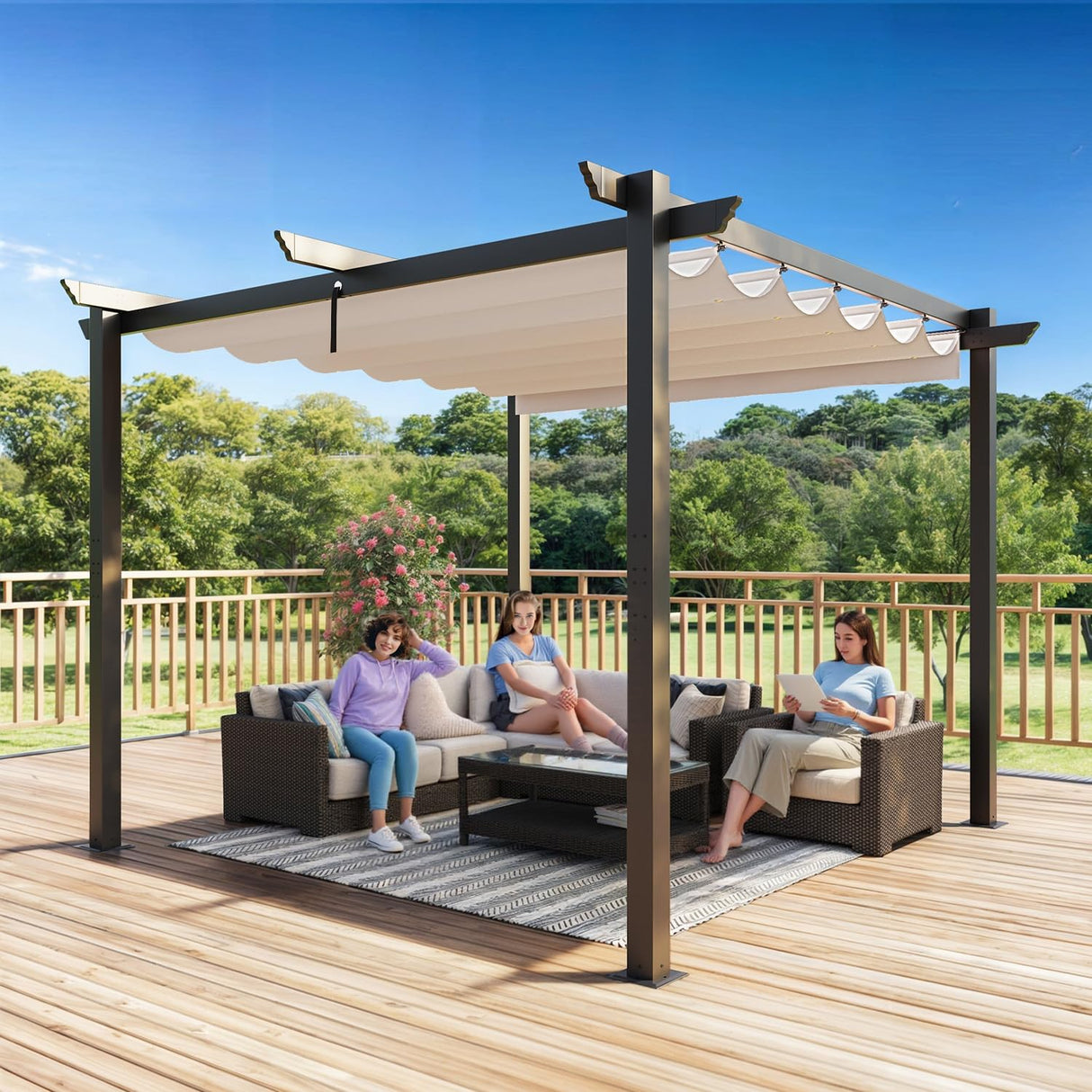 EROMMY Retractable Pergola 10' x 10', Metal Freestanding Shelter with Adjustable Sun Shade Canopy for Patios, Beige EROMMY