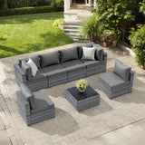 XTWEEX 7-Piece Outdoor Rattan Sectional Sofa Set, Wicker Patio Furniture with Coffee Table, Grey Cushions, Patio Conversation Set for Your Villa, Balcony, Porch, Backyard XTWEEX