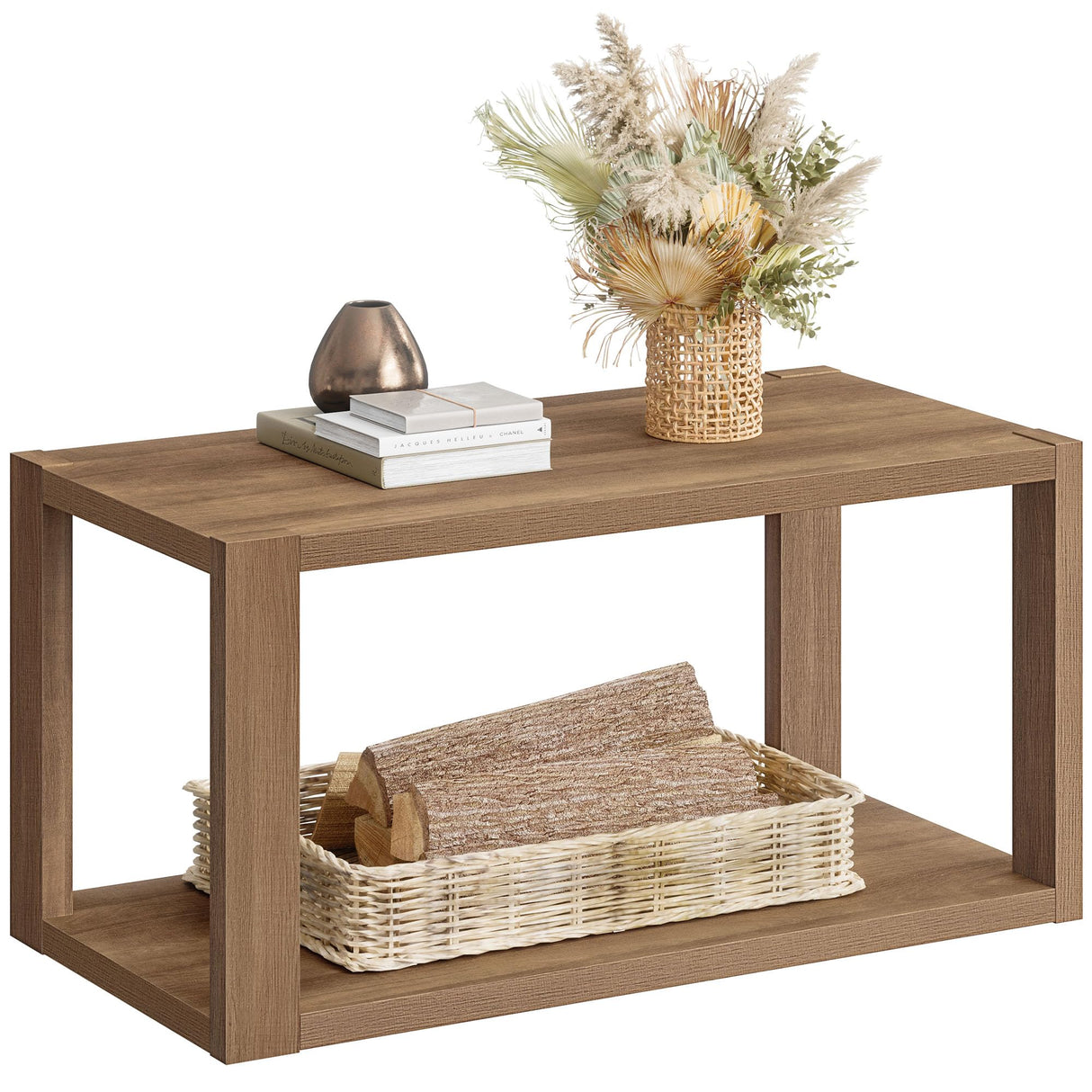 SICOTAS Farmhouse Wood Coffee Table - Boho Table with Storage Shelf, Rectangle Center Table Wood Look Accent Table, 2-Tier Sofa Side Table Mid Century SICOTAS