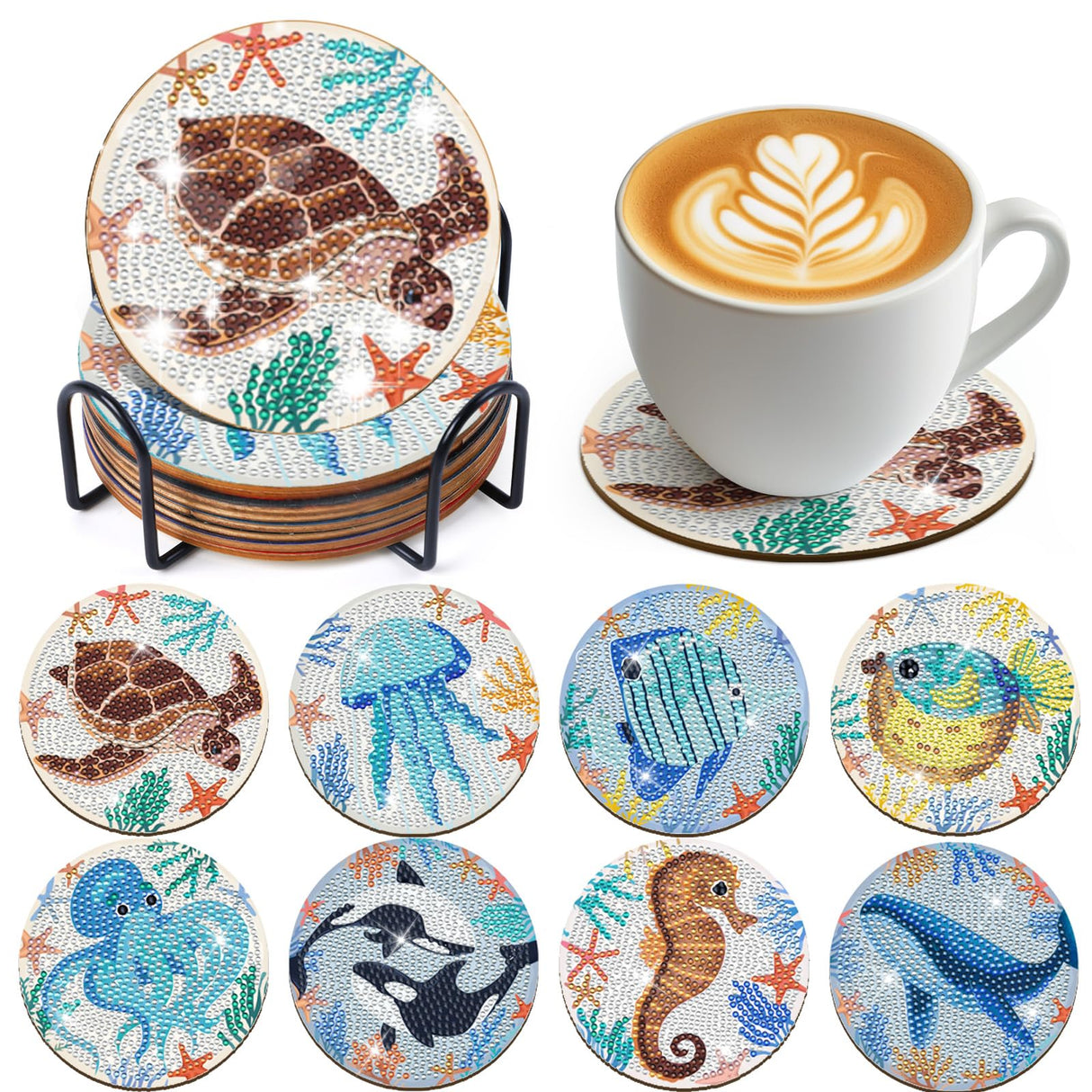 Sitsink Diamond Art Coasters Kit - Nautical Marine Life Diamond Painting Coaster Kits, Summer Ocean Animal Rhinestone Get Art Crafting for Adult Women (8 pcs) Sitsink