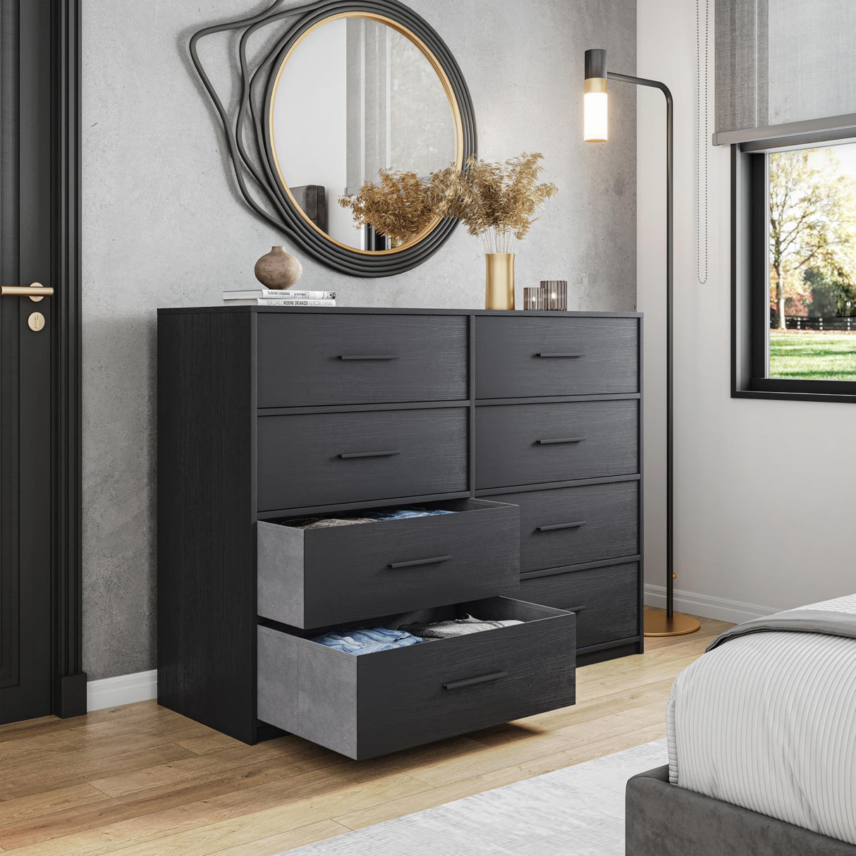 Modern 8-Drawer Dresser with Spacious Storage,Sturdy Wood Frame, and Large Capacity Drawers, Dressers for Bedroom, Home Organization Storage for Living Room or Hallway, Black Techni Home