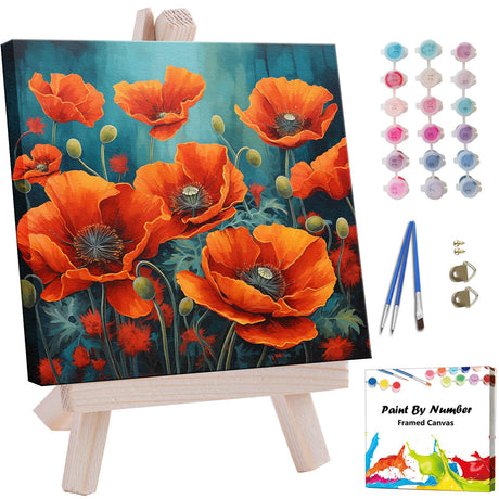 Artunion Framed Paint by Numbers Kit for Adults Beginners & Kids Ages 8-12,Red Poppy Paint by Number with Frame,Flower Adult Paint by Numbers Kit on Canvas 10 * 10 Inch Without Easel Artunion