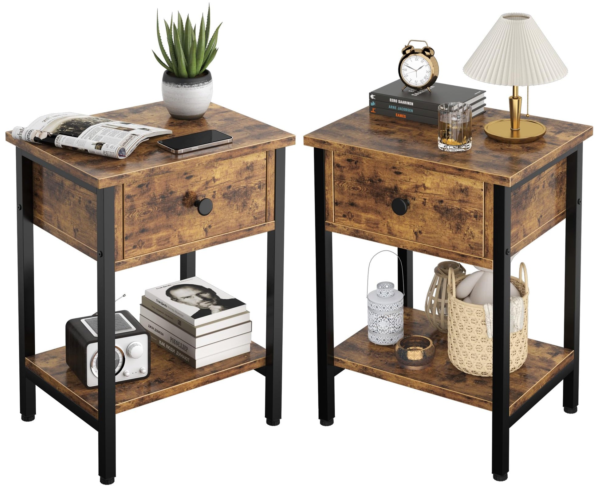 Night Stand Set of 2, Bedside Table with Drawers, Modern End Side Table with Storage Shelves, Versatile Nightstands for Bedroom Living Room Sofa Couch, Wood Metal Bedroom Furniture, Rustic Br - WoodArtSupply