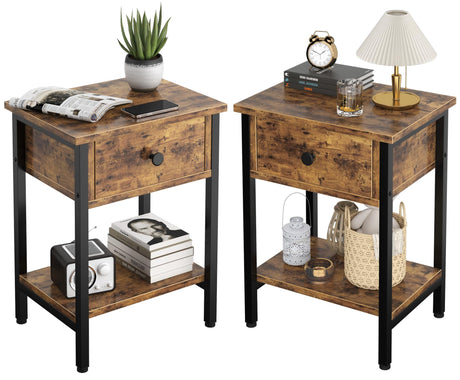 Night Stand Set of 2, Bedside Table with Drawers, Modern End Side Table with Storage Shelves, Versatile Nightstands for Bedroom Living Room Sofa Couch, Wood Metal Bedroom Furniture, Rustic Brown CALERTAIN