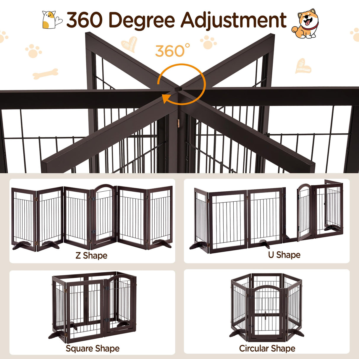 Yaheetech 32-inch Tall Dog Gate with Door Extra Wide Pet Gate for Dogs, Foldable Wire & Wooden Puppy Safety Fence w/3 Support Feet,Freestanding Dog Gate for the House,Doorway,Stairs(Espresso,6 Panels) Yaheetech