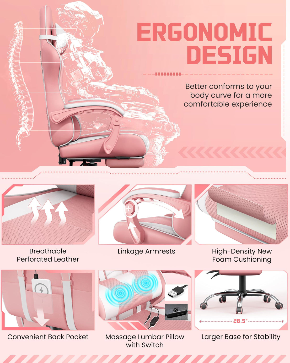 Yaheetech Gaming Chair, Video Game Chair with Massage Lumbar Support and Footrest Height Adjustable Ergonomic Computer Chair with Swivel Seat and Headrest, Pink/White Yaheetech