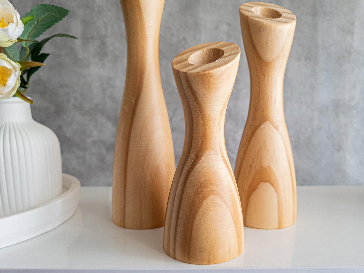 OLEEK Wooden Candlestick Holders Set to Suit Any Style of Decor - Durable & Easy to Clean Wood Candlestick Holders - Set of 3 Wooden Taper Candle Holders - Wood Candle Holder Create A Warm Atmosphere OLEEK